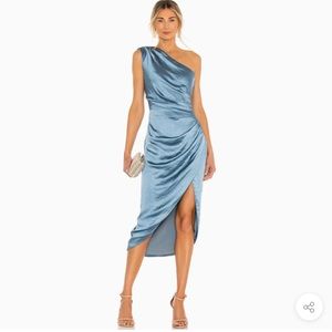 SILKY HIGH SLIT RUCHED ONE SHOULDER SATIN COCKTAIL MIDI DRESS - BLUE